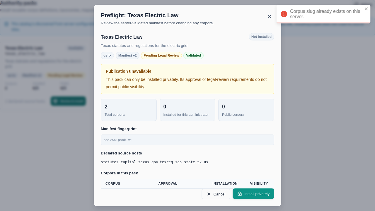 Pack preflight — install rejected by the server