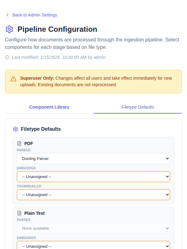 Pipeline Configuration — mobile filetype defaults tab