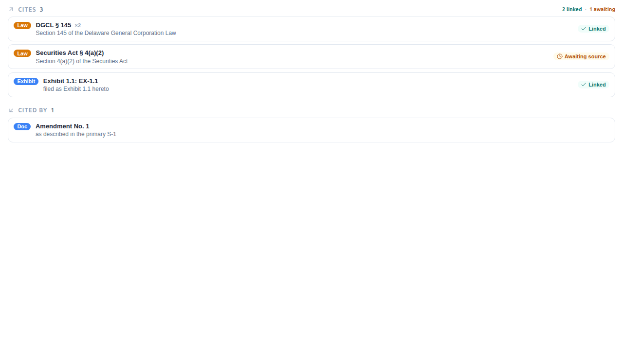 References panel — resolved and unresolved citations on a document