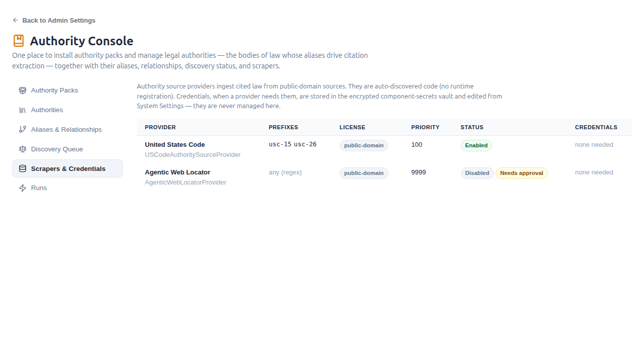 Authority Console — Scrapers tab