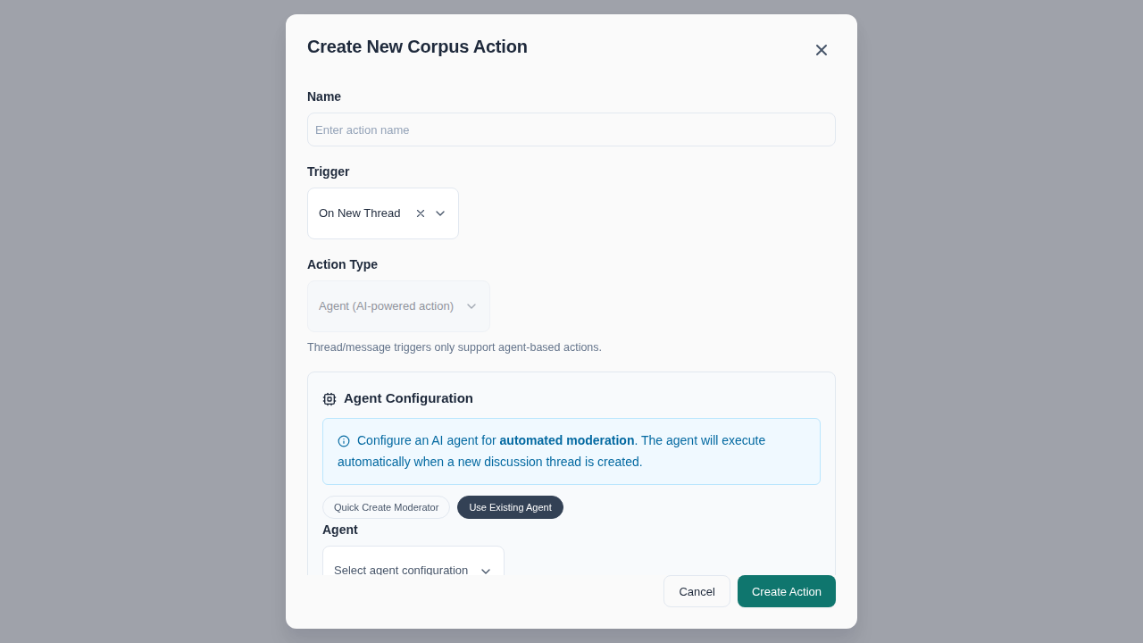 Create Action - Existing Agent