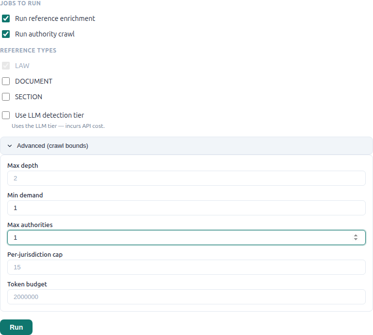 Enrichment runner with the authority crawl enabled and advanced bounds expanded