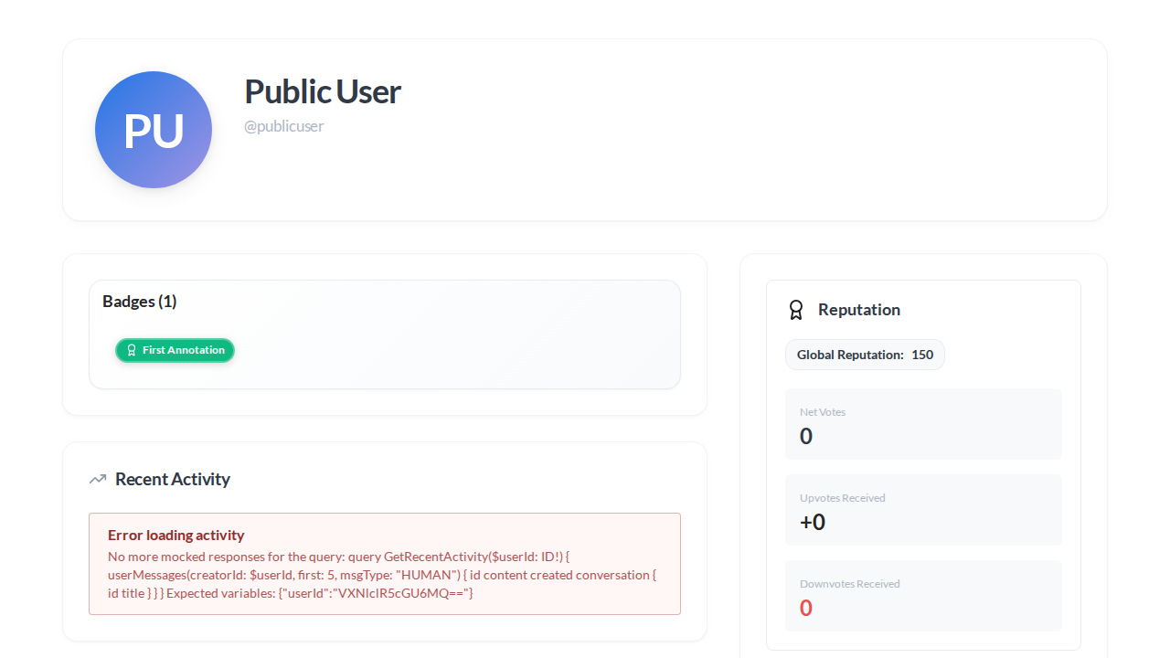 User Profile - View contributor statistics, badges, and recent activity